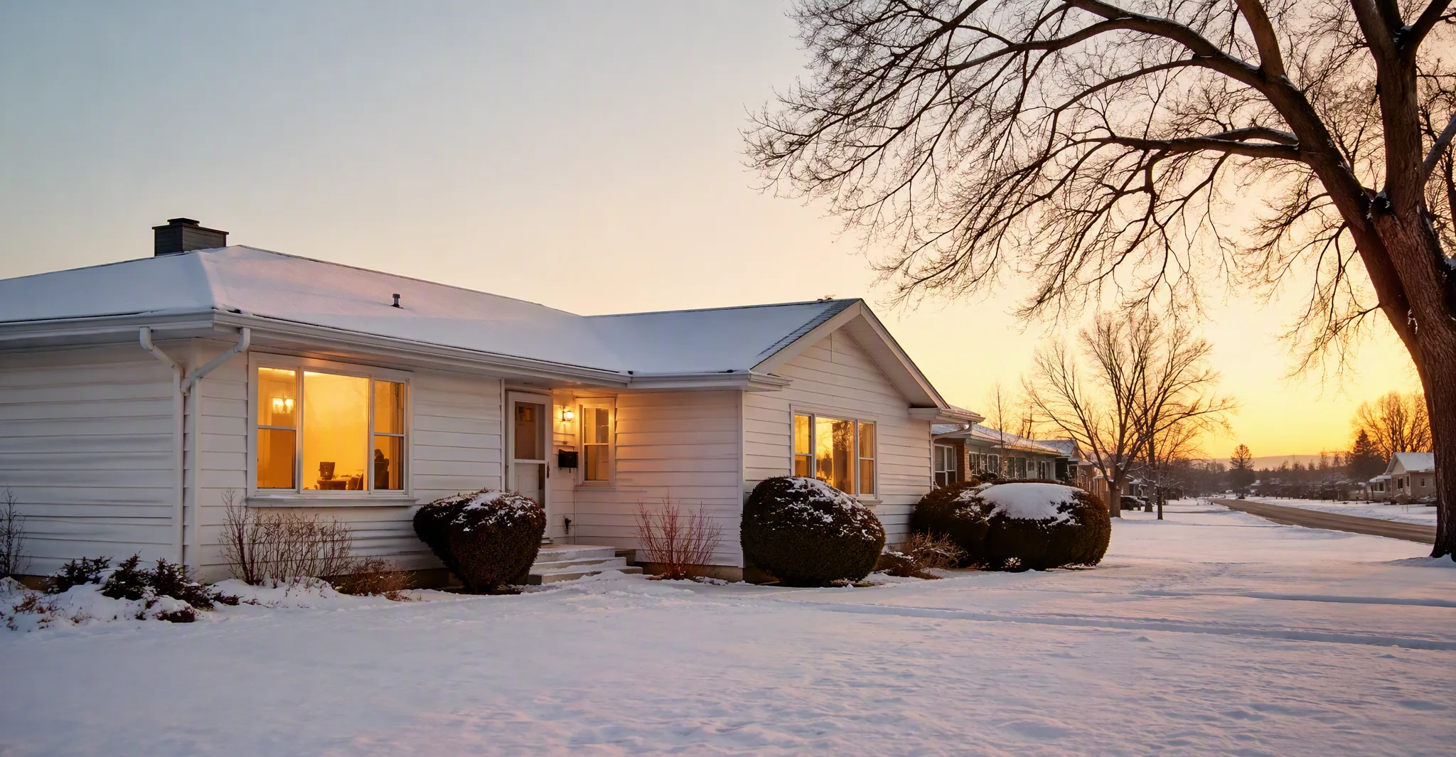 Ranch home in Minot at golden hour in winter, warm light in the windows
